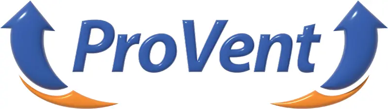 ProVent logo featuring a blue and orange arrow design, symbolizing airflow solutions in industrial ventilation and filtration systems.